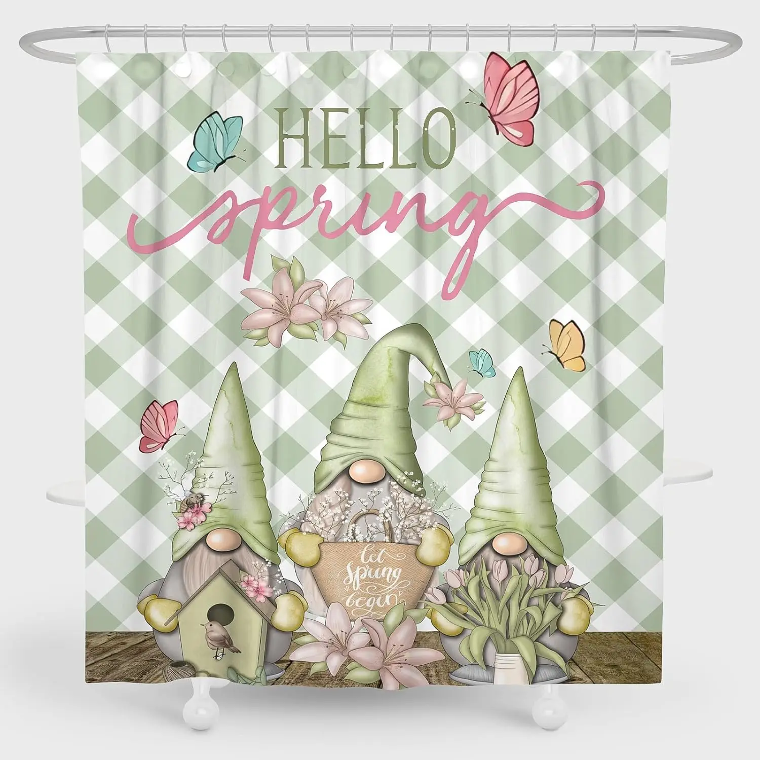 

Набор занавесок для душа «Hello Spring Gnomes» с рисунком шалфея и зеленого цвета, водонепроницаемый декор для ванной комнаты для весеннего сезона и сада