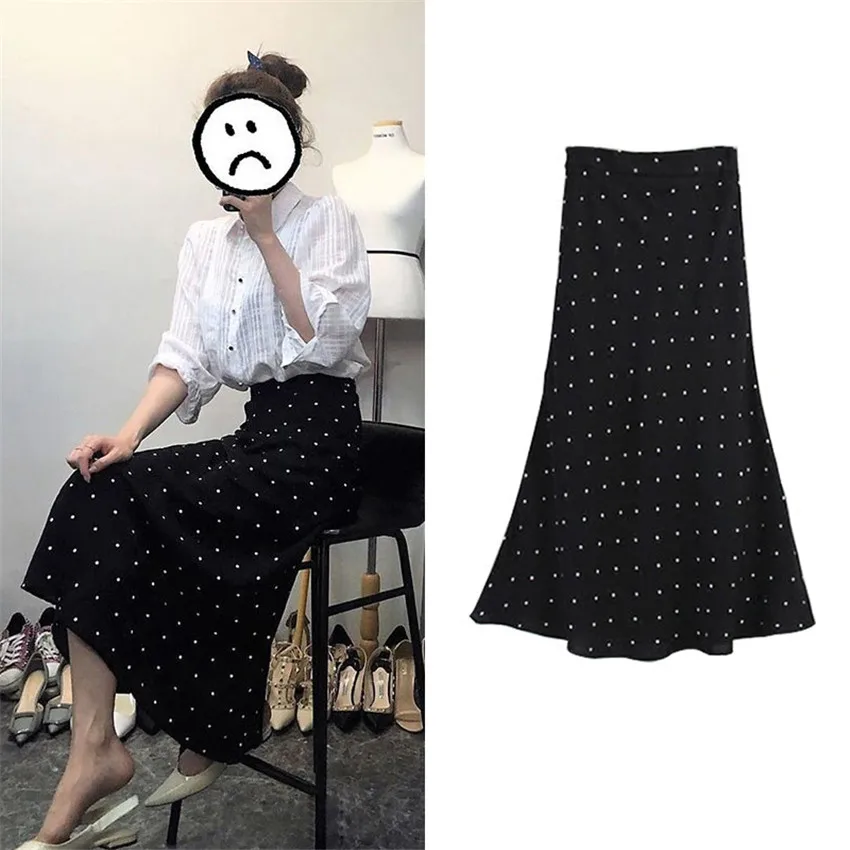 

Gowyimmes 2022 Summer Women Black Dot Chiffon Skirt Elegant Lady High Waist Mermaid Skirts Girl Midi Long Hip Pakadge Skirt 1199