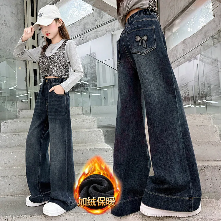 Teen Girl Winter Warm Jeans High Waisted Wide Leg Straight Trousers With Bows Pocket For Kids Child Causal Fleece Lined Pants