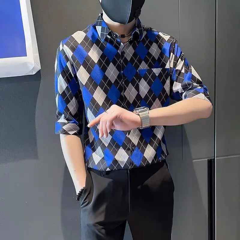 Slim Fit Men's Shirt Short Sleeve Printed Diamond Pattern Half Sleeve Summer Fashionable Youth  Linen Blend Casual Shirt