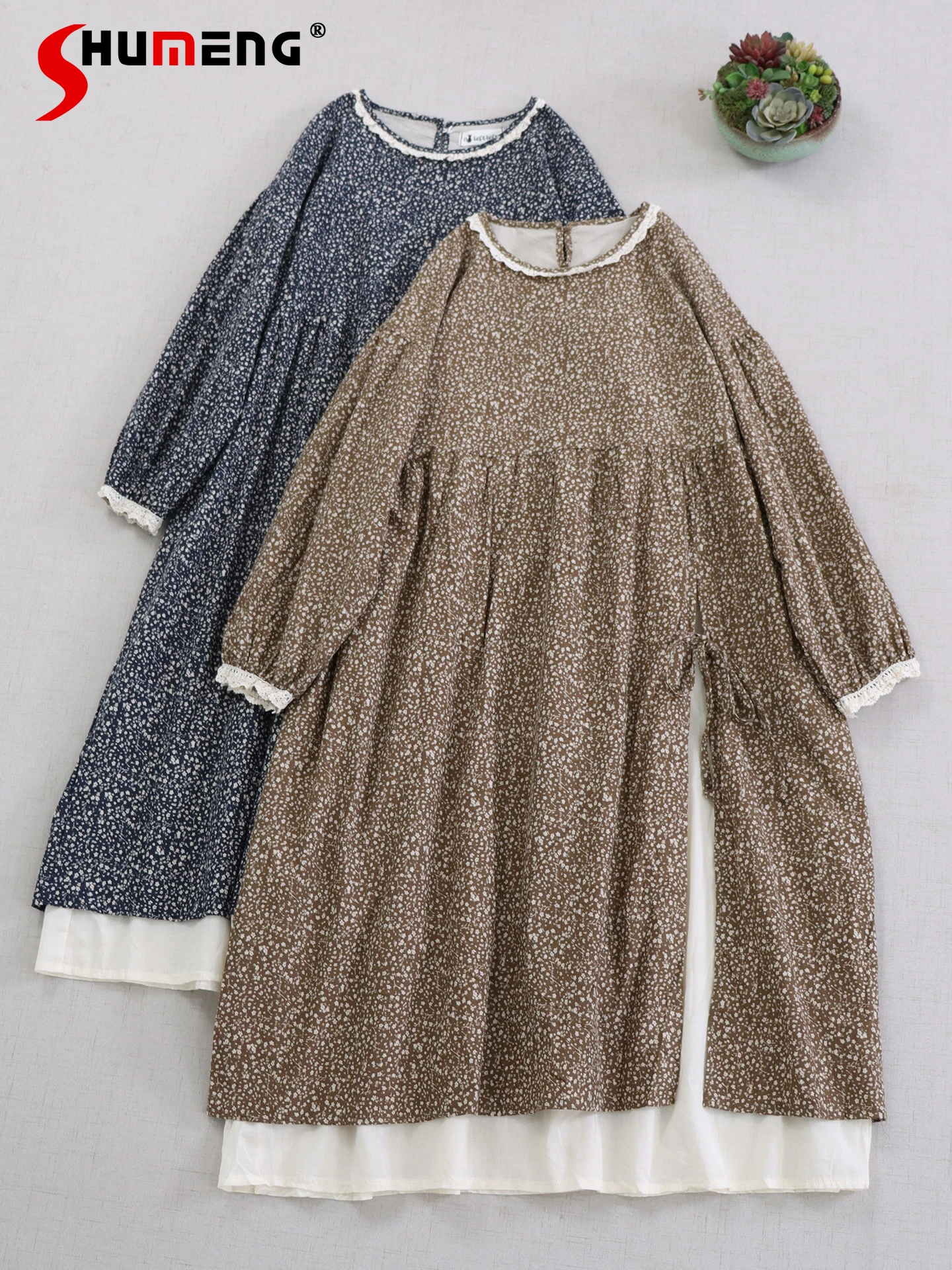 

Japanese Mori Girl Style Elegant Sweet Floral Long Dresses Round Neck Long Sleeve Slit Lace-up Loose Vintage Dress Women Autumn