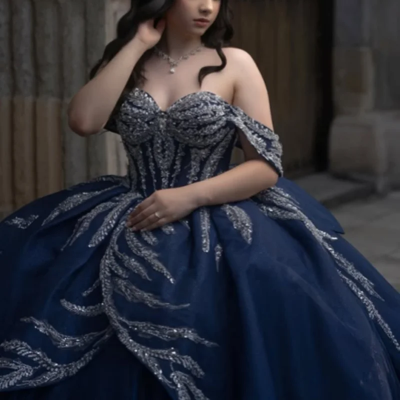 

dark blue Quinceanera Dress Lace layering crystal glitter decal Long tail vestidos de 15 Quinceanera ﻿Customized