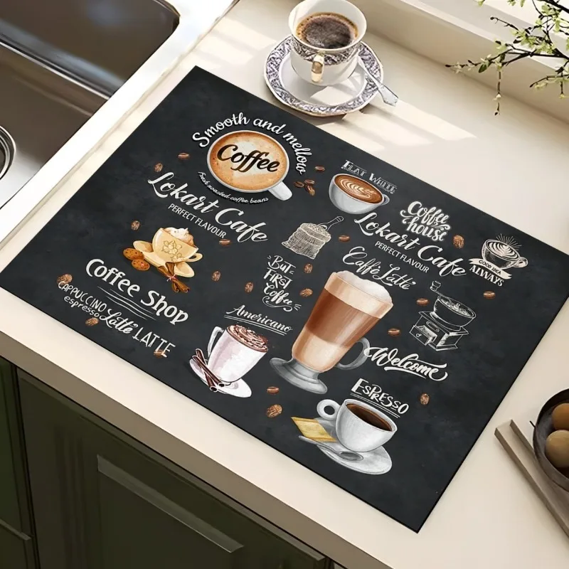 Vintage Coffee Shop Printed Absorbent Drain Mat Super Antiskid Quick Dry Modern Kitchen Counter Coffee Dish Drying Pad