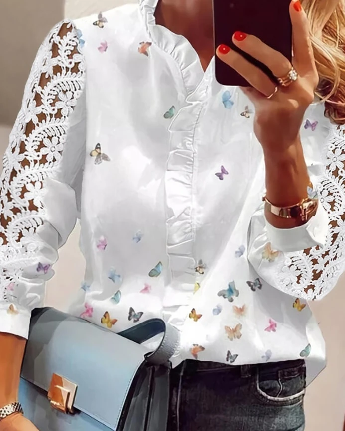 Camisa de mujer Tops moda volantes diseño ahuecado encaje estampado de mariposa cuello en V manga larga Patchwork blusa Casual diaria