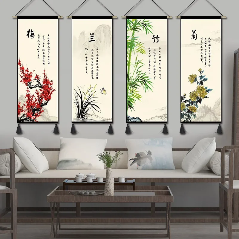 Plum Blossom, Orchid, Bamboo, and Chrysanthemum Hanging Paintings, Fabric Art Tea House Homestay Tapestry Bohemian Home Decor