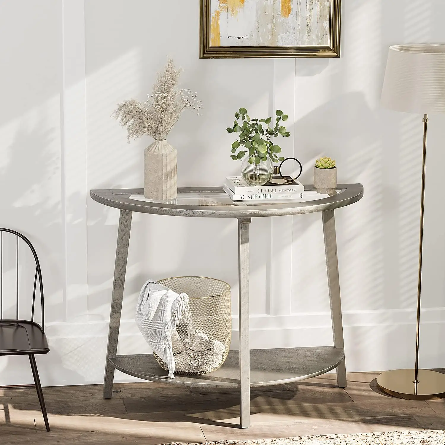 

2-Tier Glass Console Table, Semi-Circular MDF Entryway Table with Storage Shelf, Modern Wood Sofa Side Table , Antique Silver