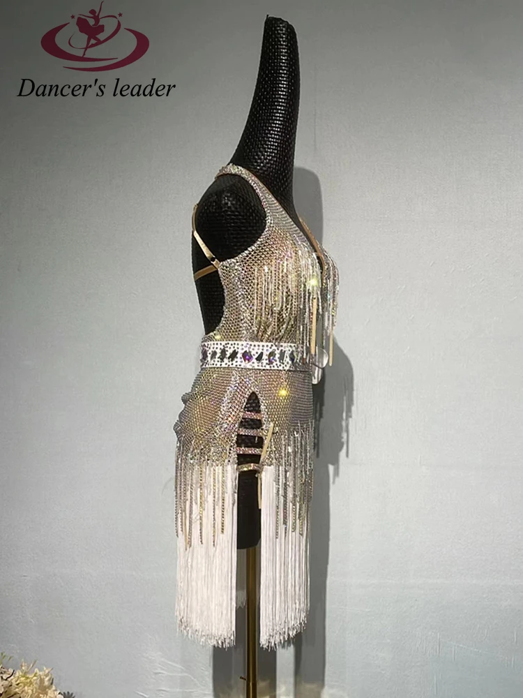 Latin dans High-end aangepaste hangende nek zilveren Flash Diamond kwastje dansjurk Cha Cha Cha Tango professionele damesjurk