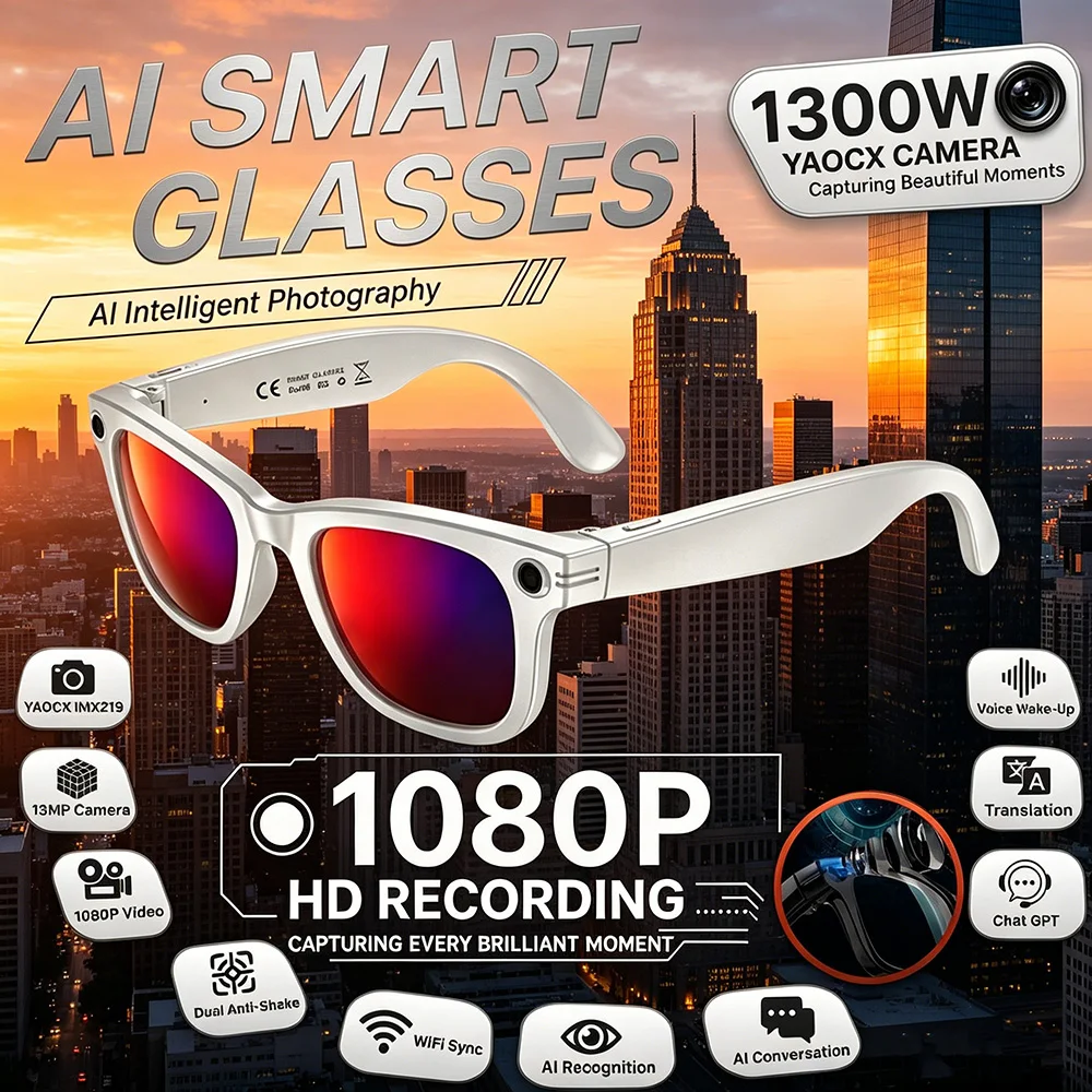 

2026New Fashion Smart Glasses AI Translation Bluetooth Calling HD Camera WIFI Transfer Video Audio Recording Wearable Sunglasses
