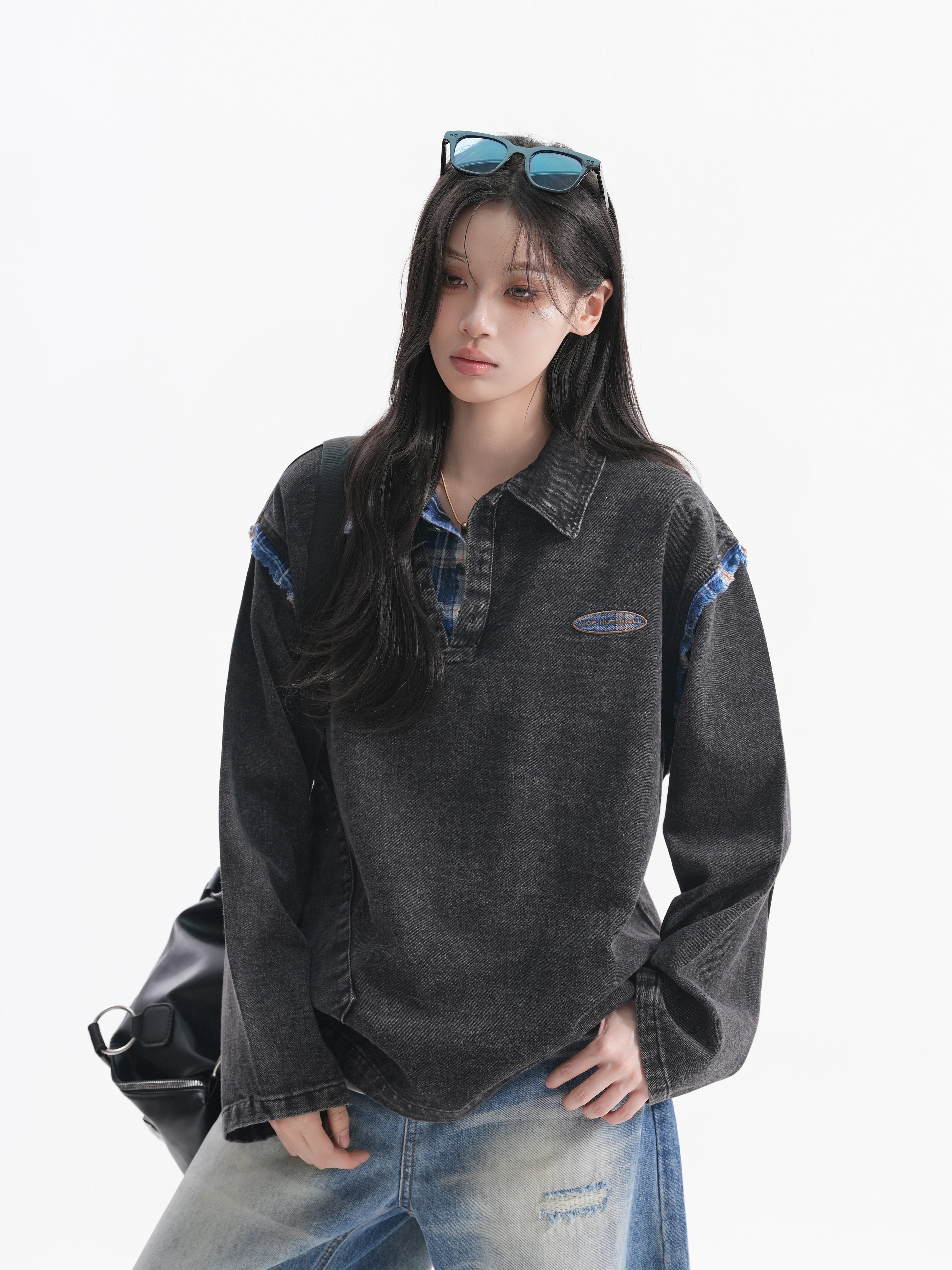 Retro Design Patchwork Long Sleeve Denim Base Shirt Unisex Loose Fit Casual Style Grid Pattern Cotton Polyester Blend
