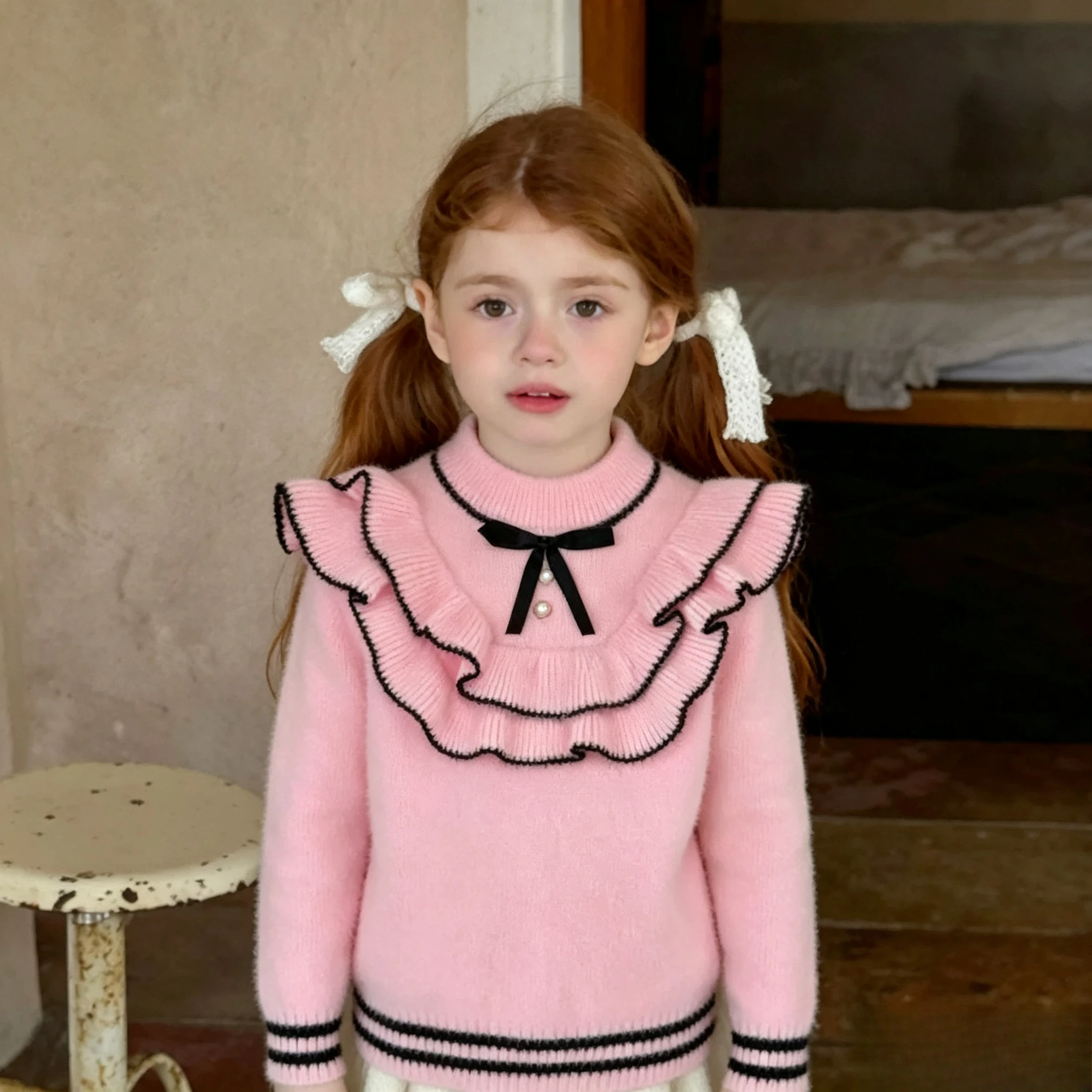Girls Sweet Lace Imitation Mink Integrated Fleece Sweater 2025 Fall Winter New Kids Fashion Warm Sweater Trendy
