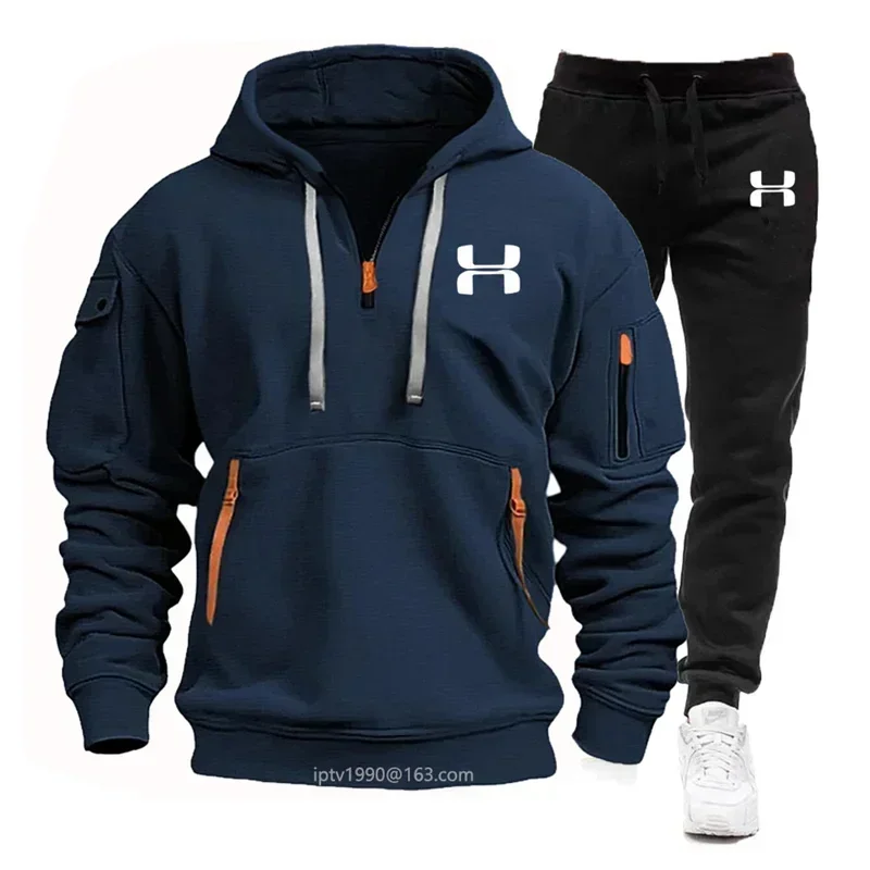 New Men's Sets Tracksuit Autumn Men Multi-pocket Zipper Hoodie + Sports Pants Two-piece Leisure Fitness Sports Men Clothing Set