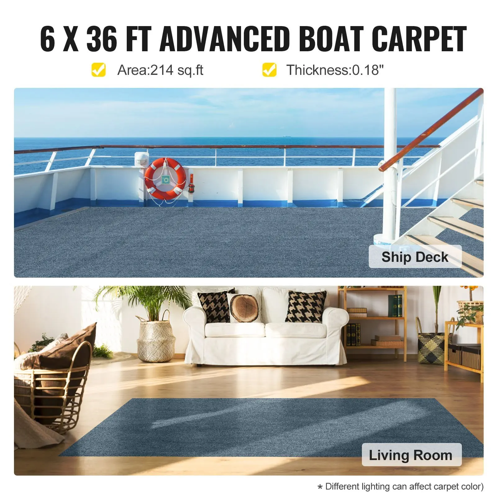 VEVOR Gray Marine Carpet 6 ft x 36 ft, Boat Carpet Rugs, Indoor Outdoor Rugs for Patio Deck Anti-Slide TPR Water-Proof Back Outd