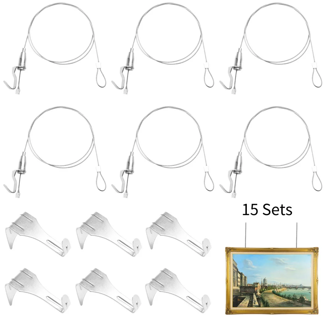 

15Pcs/Set Picture Rail Hanging System Photo Frame Display Cables 39 With Hook 66lb Stainless Steel Picture Rail Hanging Kit