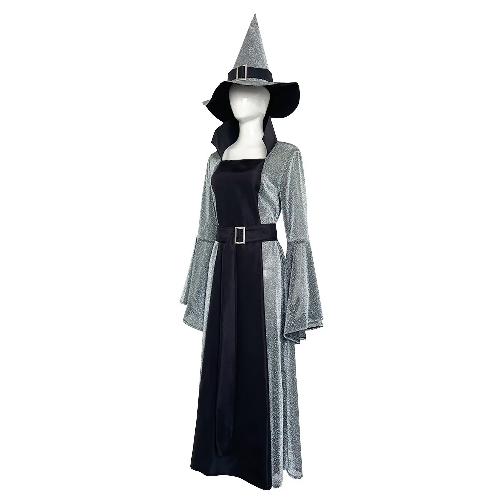 Disfraz de bruja con manga de trompeta para mujer, sombrero puntiagudo, vestido Medieval plateado, bata gótica de hechicera malvada, traje de Halloween