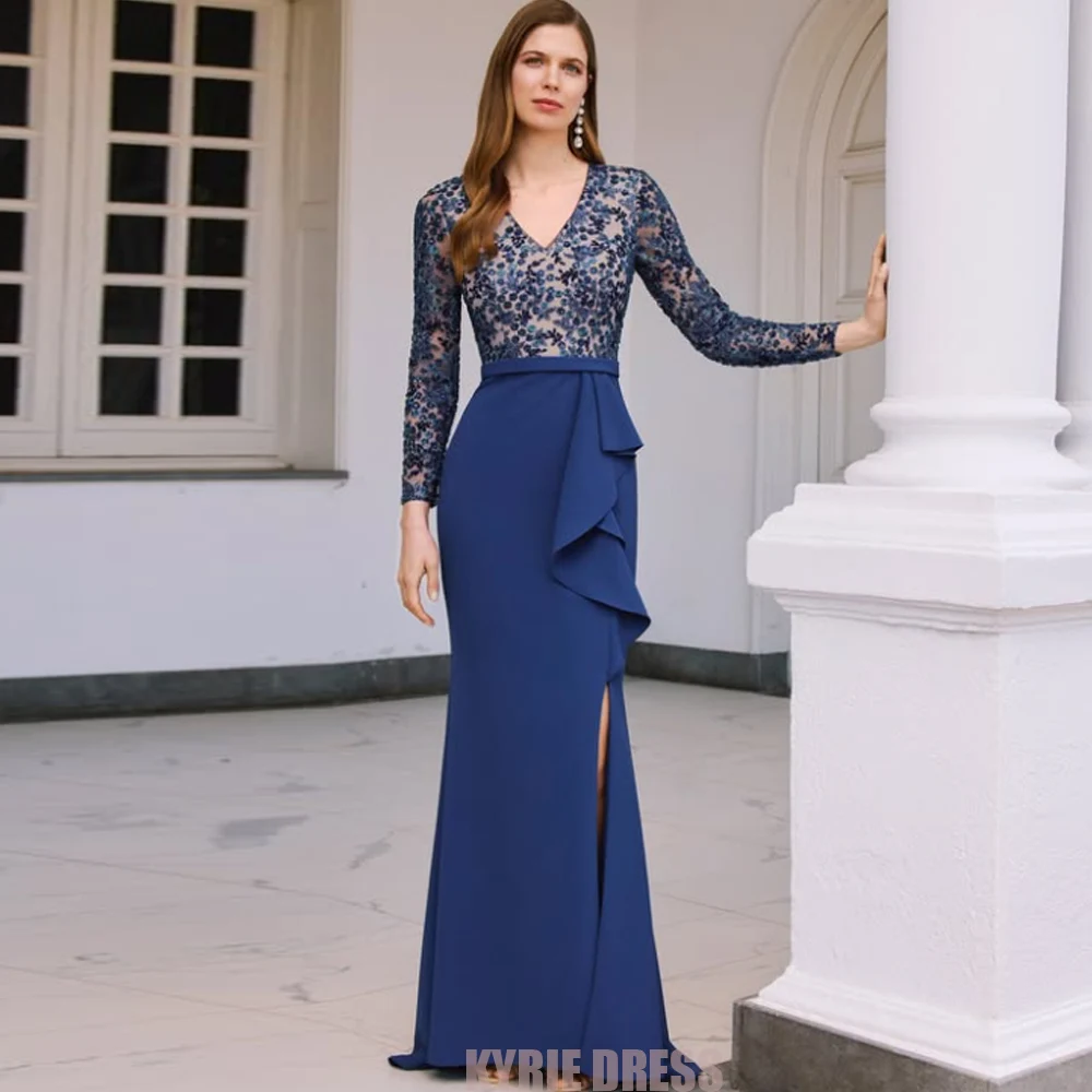 Customzied Mother of The Bride Dresses 2026 Full Sleeves V Neck Pleated Split Lace Applique  Wedding Guest Gown Evening Dresses