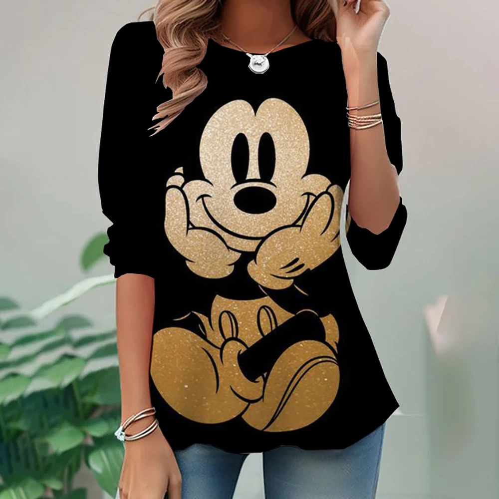 Camiseta con estampado de Mickey y Minnie de Disney para mujer, sudadera diaria, camisetas de manga larga a la moda de fin de semana, cuello redondo, primavera 2024