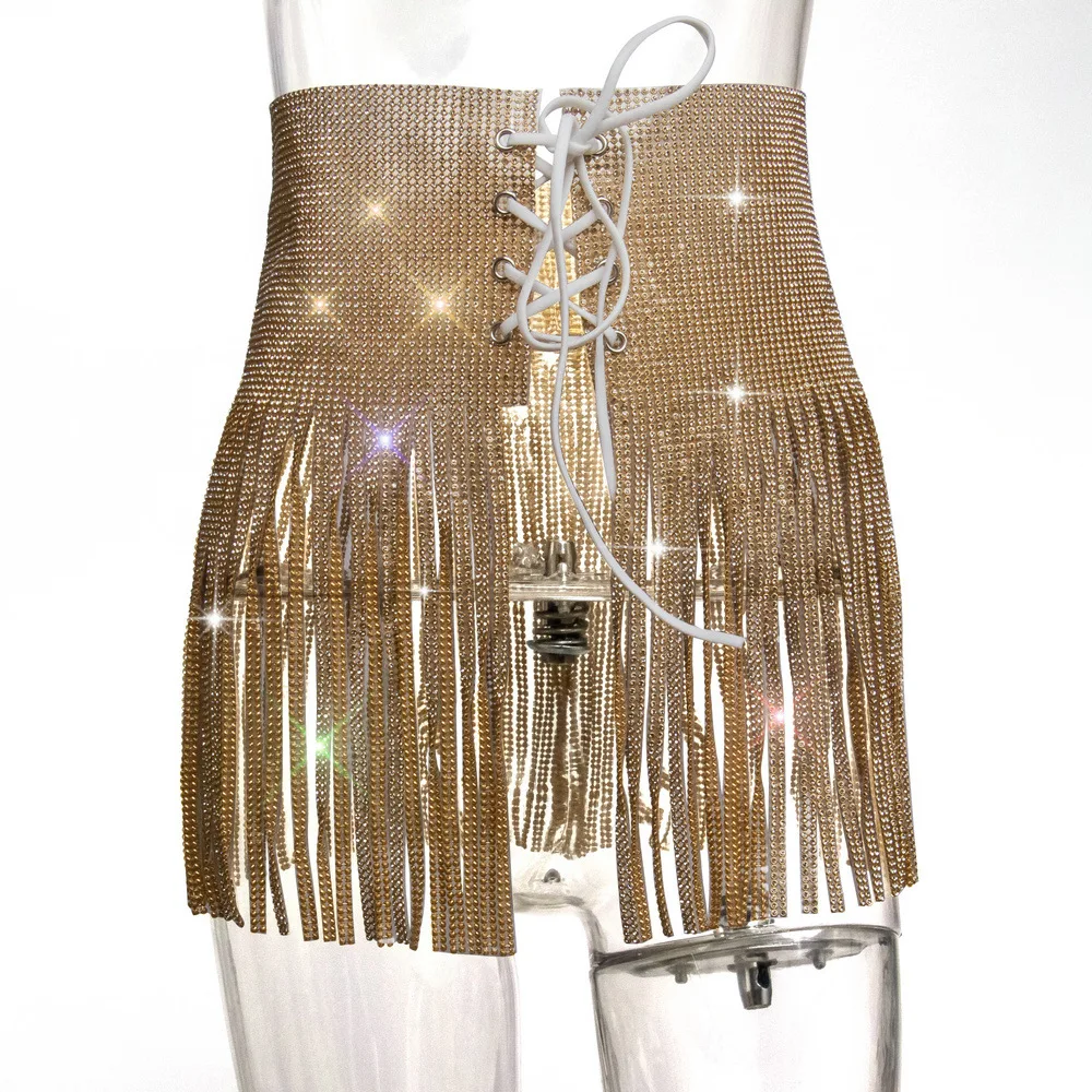 

Sexy Women High Waist Cross Bandage Club Mini Skirt Fringed Tassel Sequins Rhinestone Party Beach Belly Dance Short Wrap Skirts