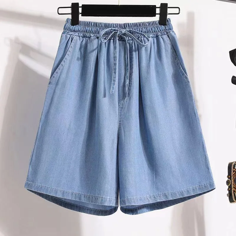 Calções finos de seda de gelo para mulheres Tencel Casual Shorts, perna larga solta, calças A-Line, roupas femininas, plus size S-5XL