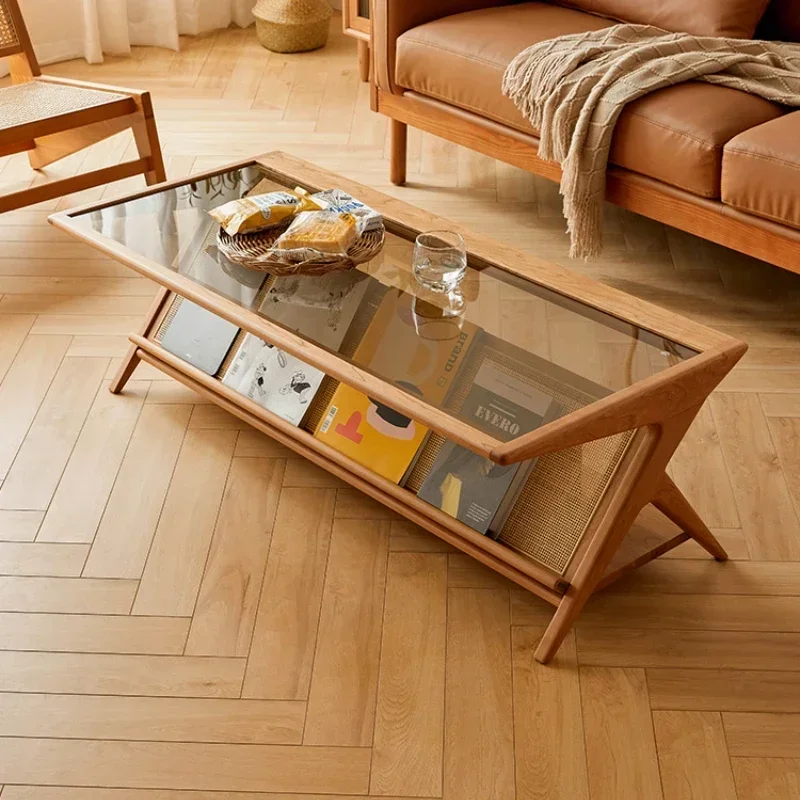 

Solid wood coffee table rattan ash wood living room household tea table small apartment rectangular retro glass table