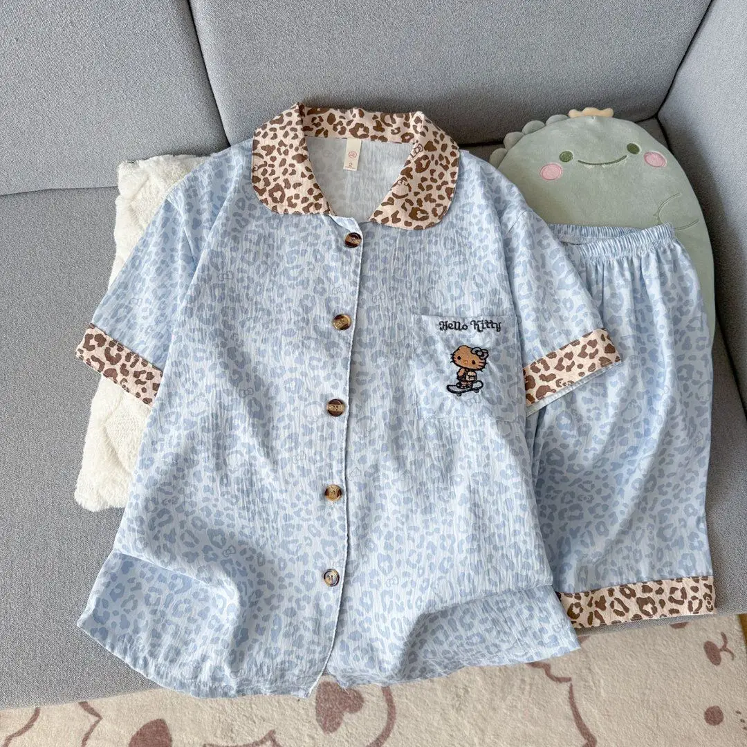 

Sanrio Leopard Print Pajamas Hello Kitty Pyjamas Short Sleeve Shorts Sleepwear Summer Nightwear Cloud Cotton Pijama Home Clothes