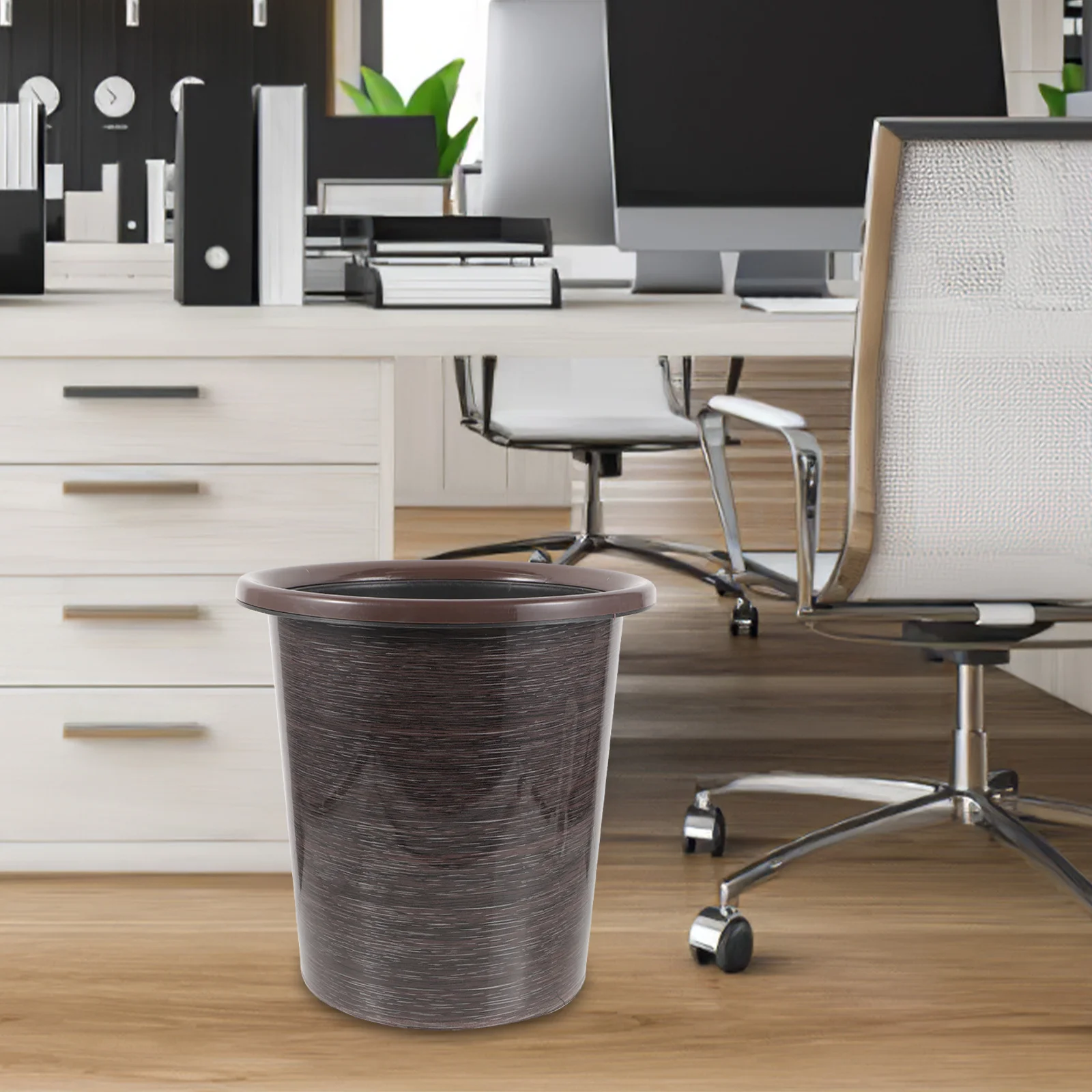 

1pc Plastic Trash Can 5L Compact With Fixed Ring Non-Slip Bottom Imitation Wood Grain For Home Office Hotel Coffee Shop