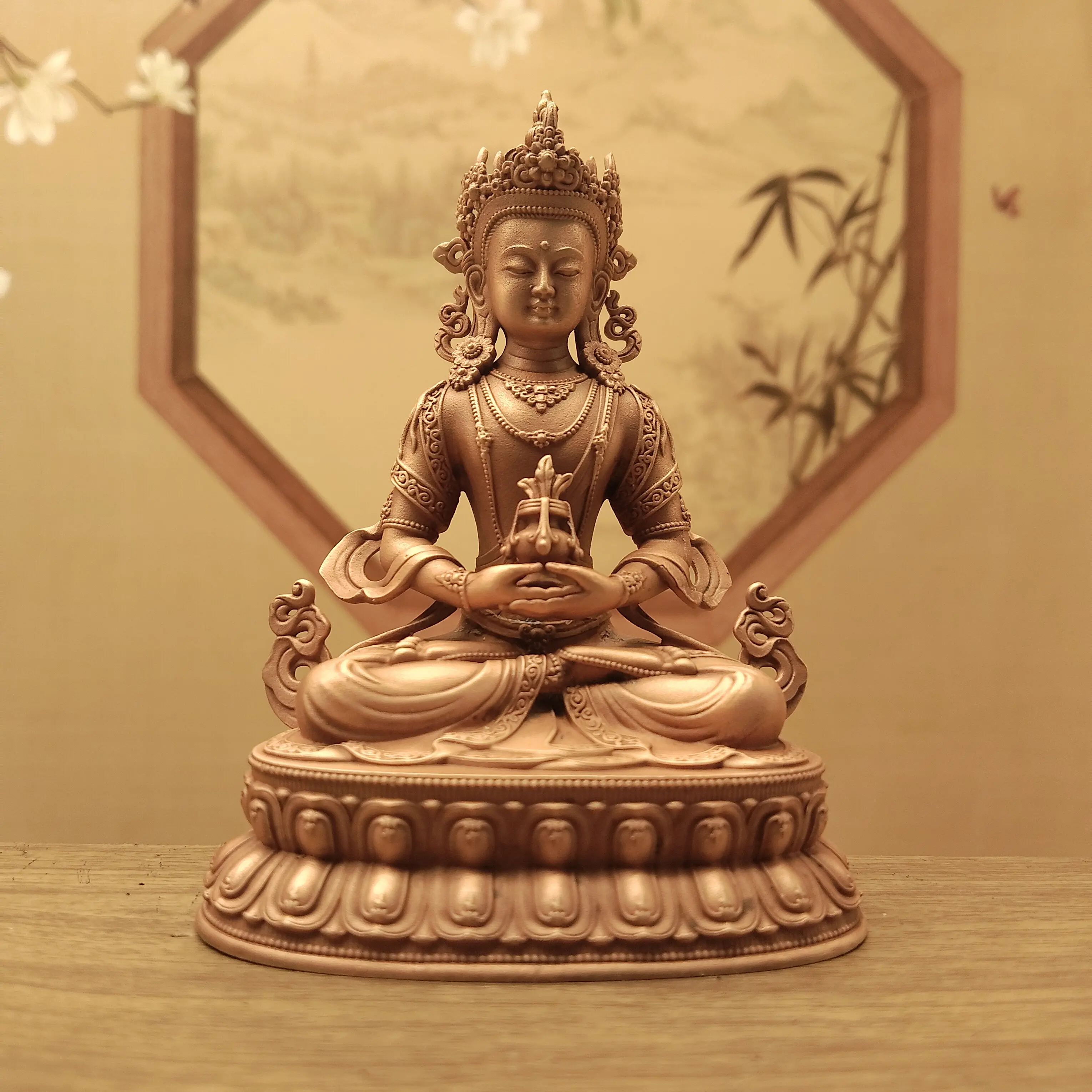 Nepal Craft Red Copper Amitayus Longevity Buddha Statue 10cm Home Car Altar Blessing