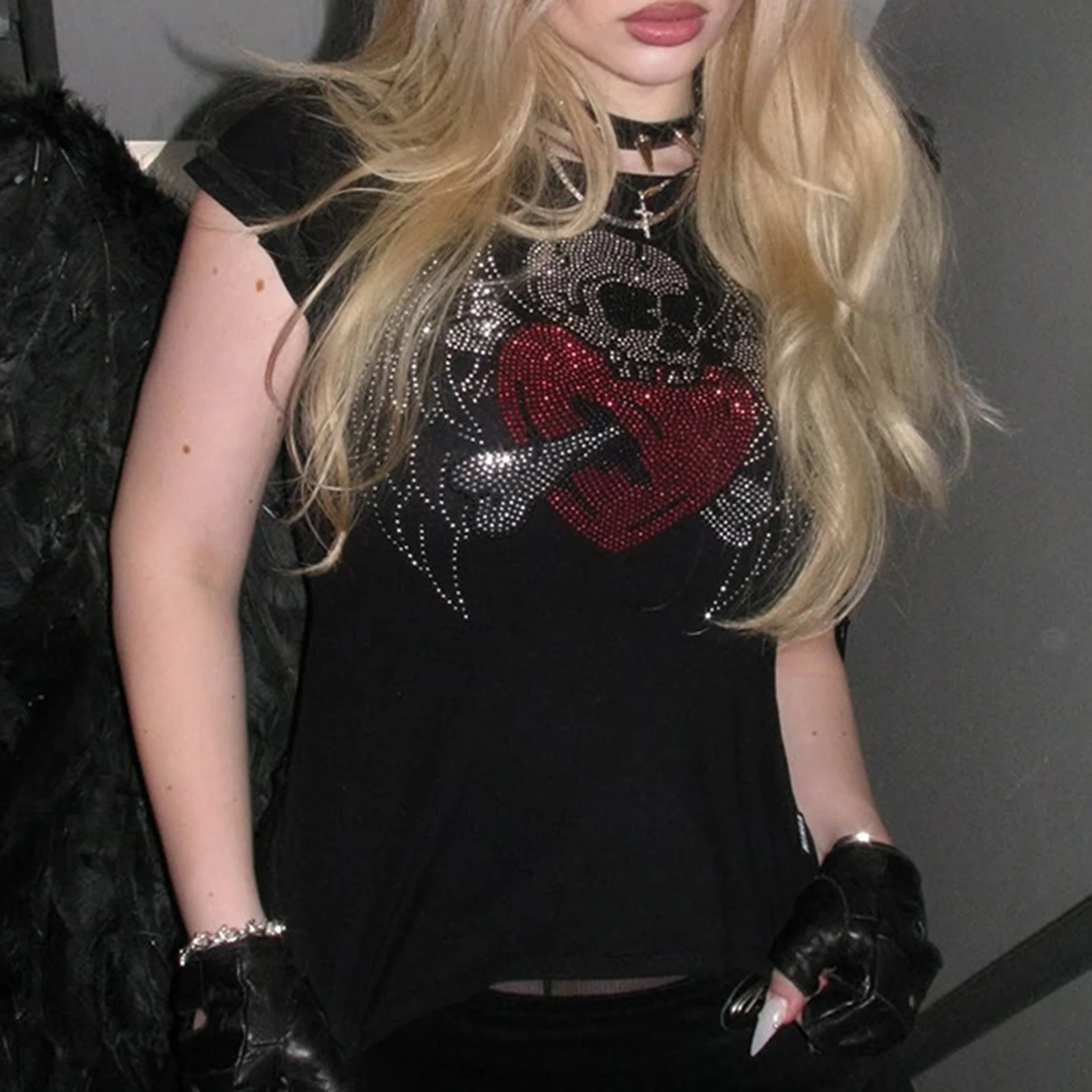 تي شيرت ريترو Y2K تي شيرت مطبوع عليه حجر الراين لقضاء عطلة الشاطئ وحفلات الصيف والارتداء اليومي والنشاط الخارجي ملابس الشارع