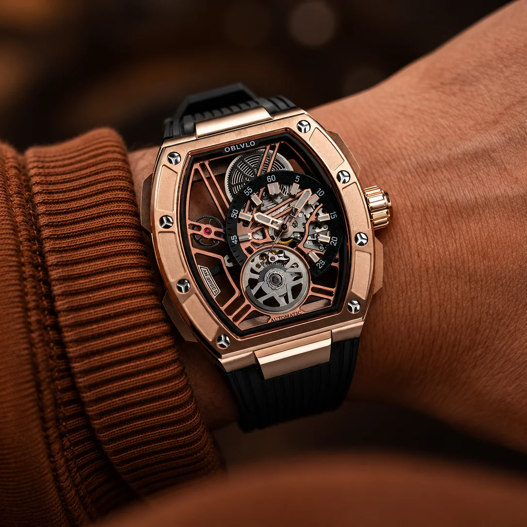 OBLVLO ZRM-ZM 46mm Rose Gold Tonneau Automatic Watch Luxury Skeleton Mechanical Sport Wristwatch Two Tone Black Rubber Strap