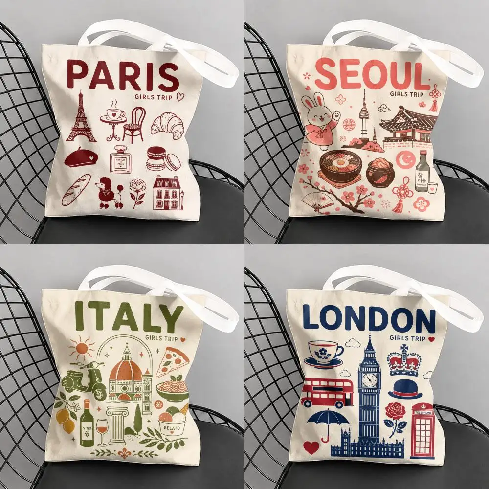 World City Travel Storage Bags Canvas Tote Bag Large Capacity Reusable For Shopping Commute Grocery Shoulder Bag Gift