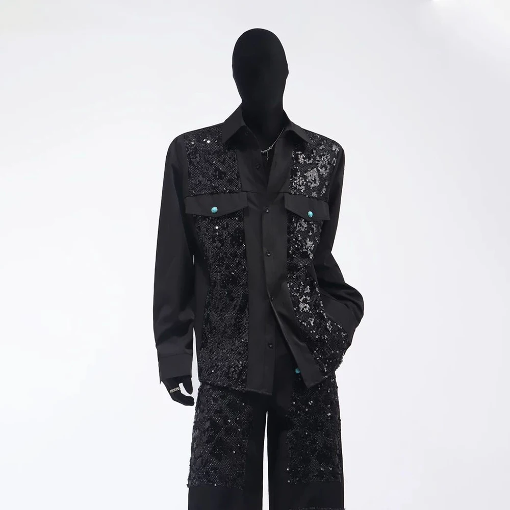 

Мужская рубашка с длинными рукавами и блестками, брючный костюм в американском стиле ретро, роскошный модный тренд, свободный нишевый мужской костюм High Street