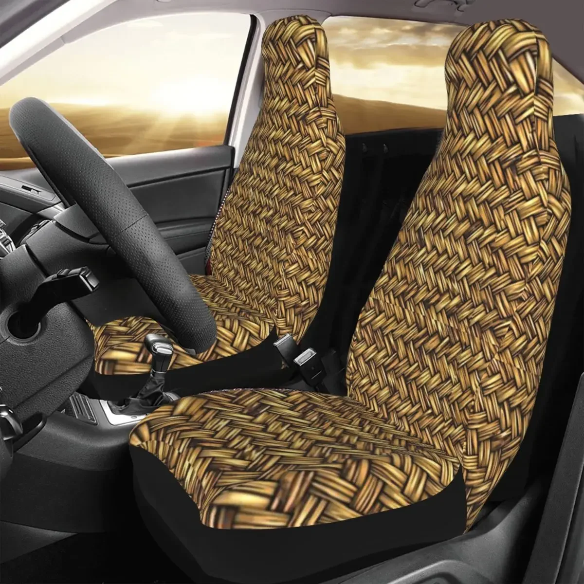 Golden Abstract Woven Straw Wicker Design Car Seat Cover Custom Printing Universal Front Protector Accessories Cushion Set