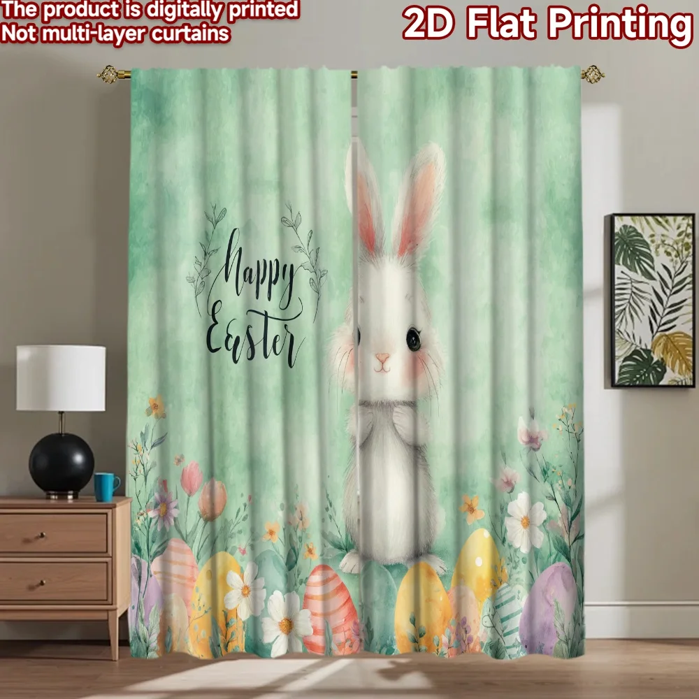 

2D flat printing 2pcs Window Treatment Curtains Easter Bunny Flowers Eggs Digital Printed Polyester Drapes Birthday Party for