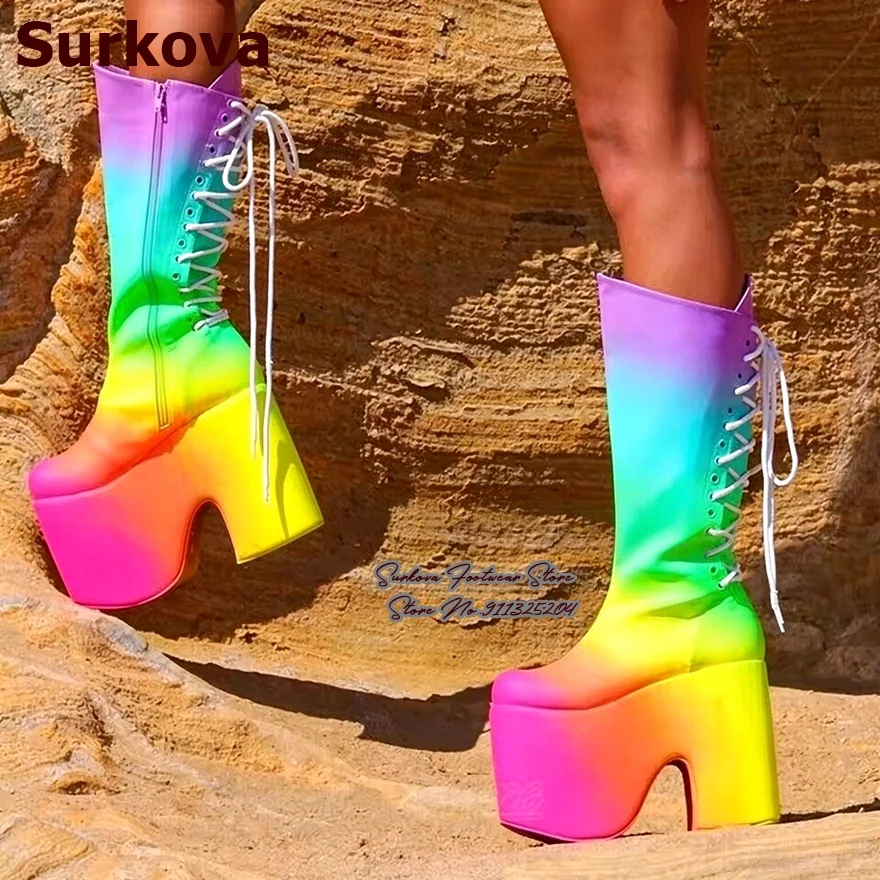 Rainbow gradient Color Platform Boots Super High Block Heel Lace-Up Mid-calf Boots Festival Cosplay Middle Boots Wedged Shoes