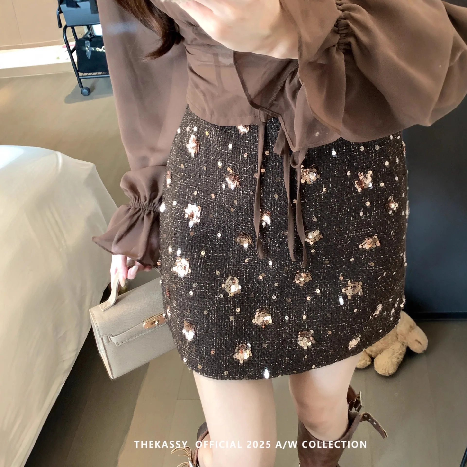 Women Sequin Tweed Mini Skirt High Waist A Line Short Skirt Sparkly Glitter Party Clubwear Casual Bottoms