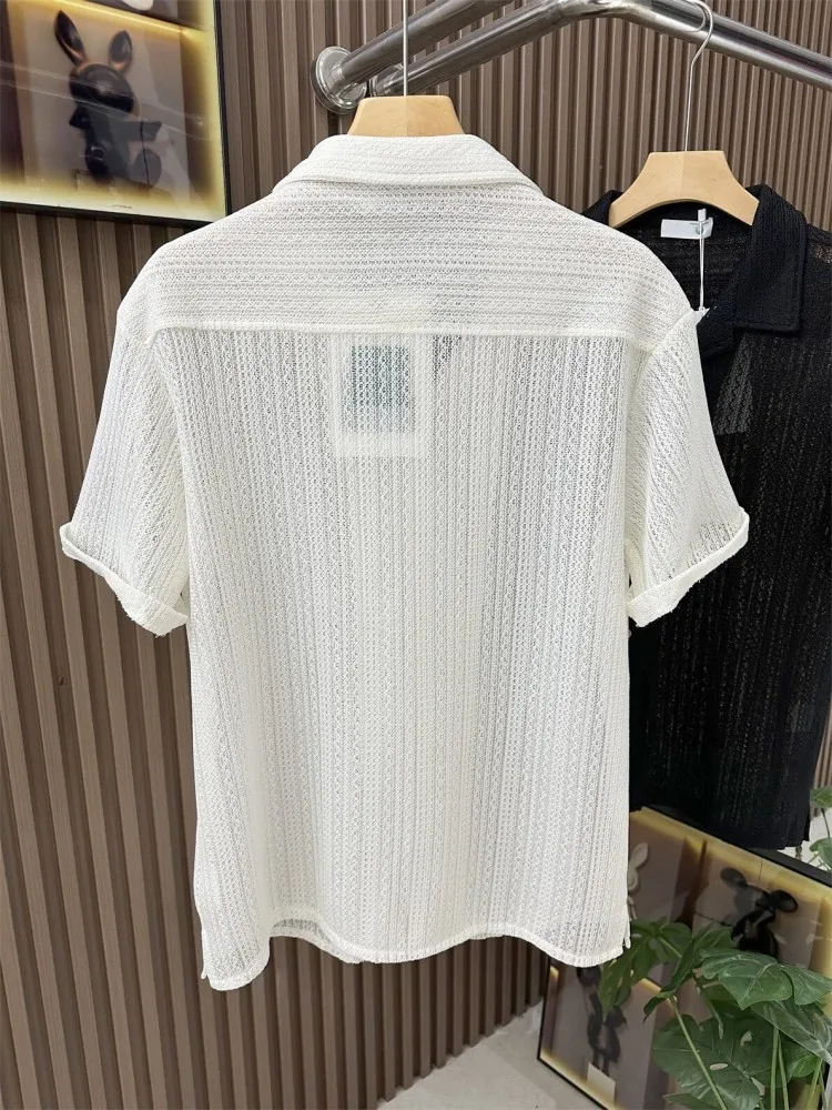 Mens Casual Shirt New Summer Short Sleeve Solid Color Fashion Breathable Hollow Out Tops Loose Fit Single Breasted Shirts Male