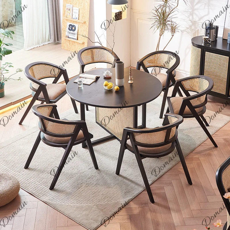 Wabi-Sabi Rattan Solid Wood Round Dining Table Set for 2 Modern Minimalist Small Apartment Restaurant Bistro Furniture
