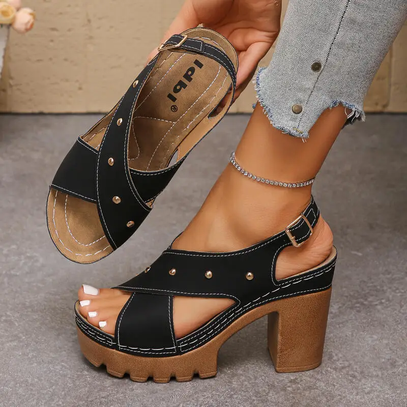 Vintage Super High Heel Cross Strap Gladiator Sandals Women Summer 2026 Metal Rivet Designer Ankle Strap Sandals Woman's Shoes view 3