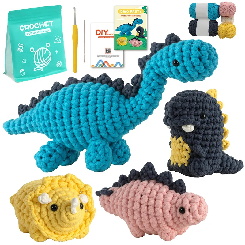 DIY Dinosaur Crochet Kit for Beginners with English Video Tutorials Premium Cotton Yarn Adult Stress Relief Starter Craft Set