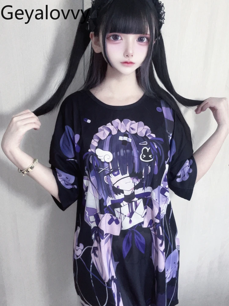 Damskie topy wiosna lato codzienna koszulka z nadrukiem subkultura ciemny japoński styl luźna koszulka damska z okrągłym dekoltem modne