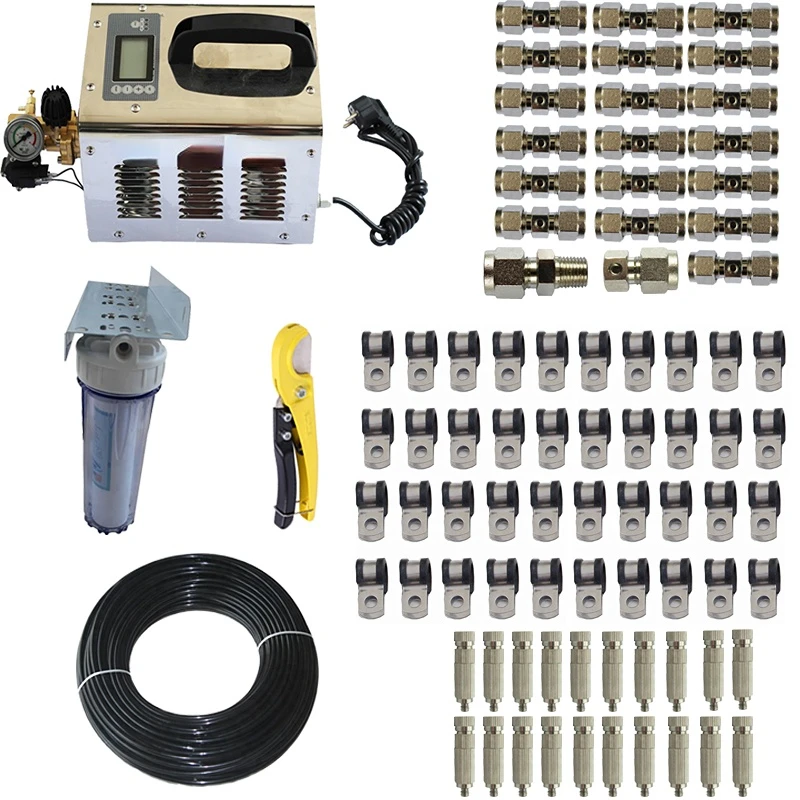 

High Mist Pump 30M PA Tube Misting System Fog Machine Spray Kit With 3/8 Screw Connectors 3/16 Threaded Nozzles 20 Pcs