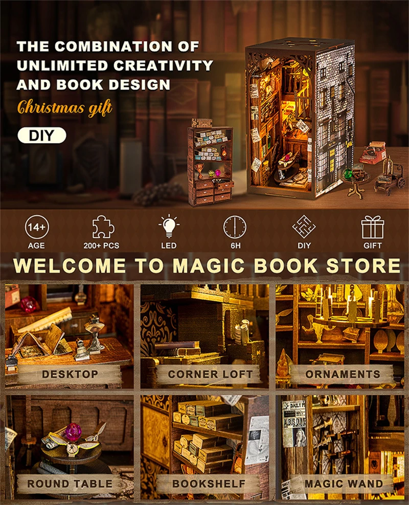 DIY Book Nook Wooden Miniature Model Kit Magic Casa Bookend 3D Puzzle Bookshelf With Light Home Decor Friends Birthday Gifts