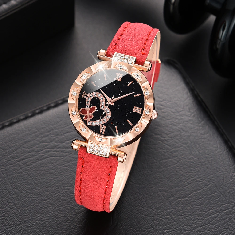 Red Ladies Quartz Watch 6PCS/Set Butterfly Heart Element Wristwatch PU Leather Strap Women Watch Jewelry Set Gift For Mom