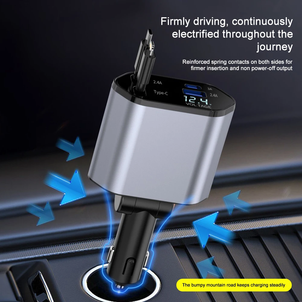 100W 4 IN 1 Retractable Car Charger USB Type C Super Fast Charge Cigarette Lighter Adapter Compatible for IPhone Samsung