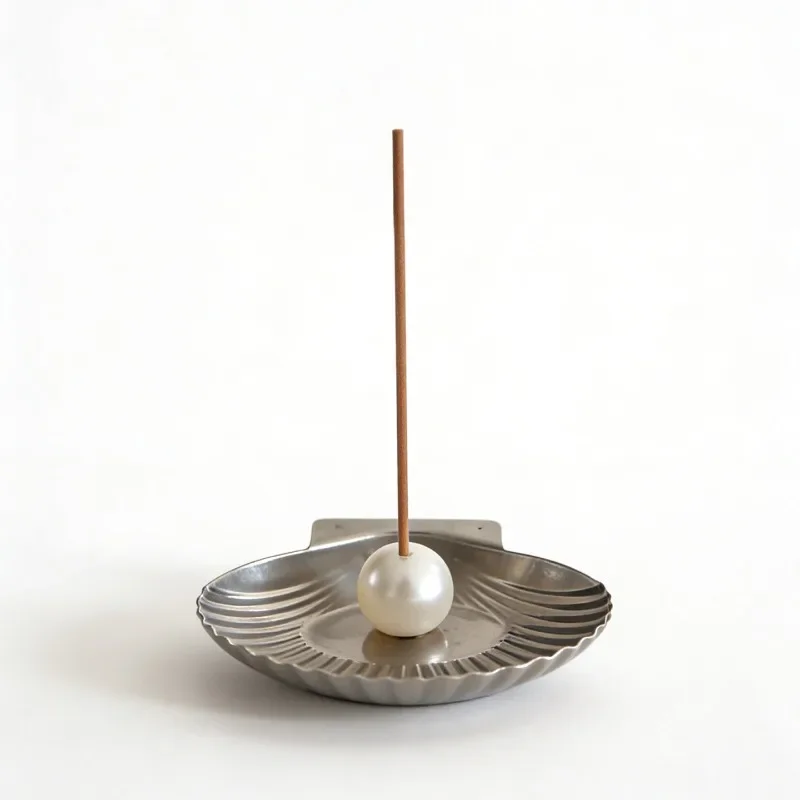 Creative Shell-Shaped Stainless Steel Incense Holder with Pearl Decor, Vintage Aromatherapy Burner Tray for Home Desktop Decor