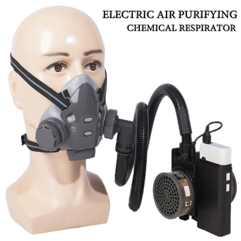 

Electric Powered Air Purifying Half Face Chemical Gas Respirator Dual Filters Work Safety For Industrial Weld Painting Spraying