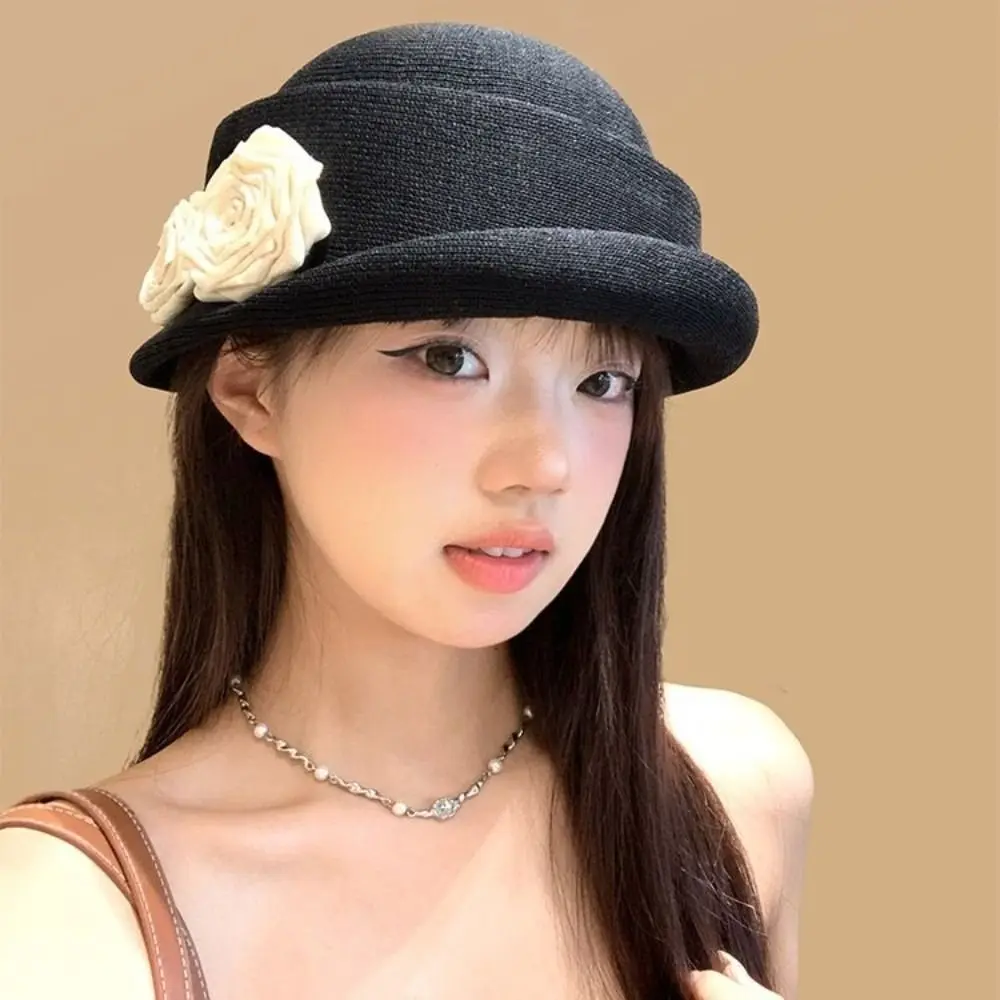 패션 프렌치 스타일 카멜리아 플라워 캡 우아한 컬 브림 플로럴 보울러 햇 헵번 영국 여성 정장 모자 여성용