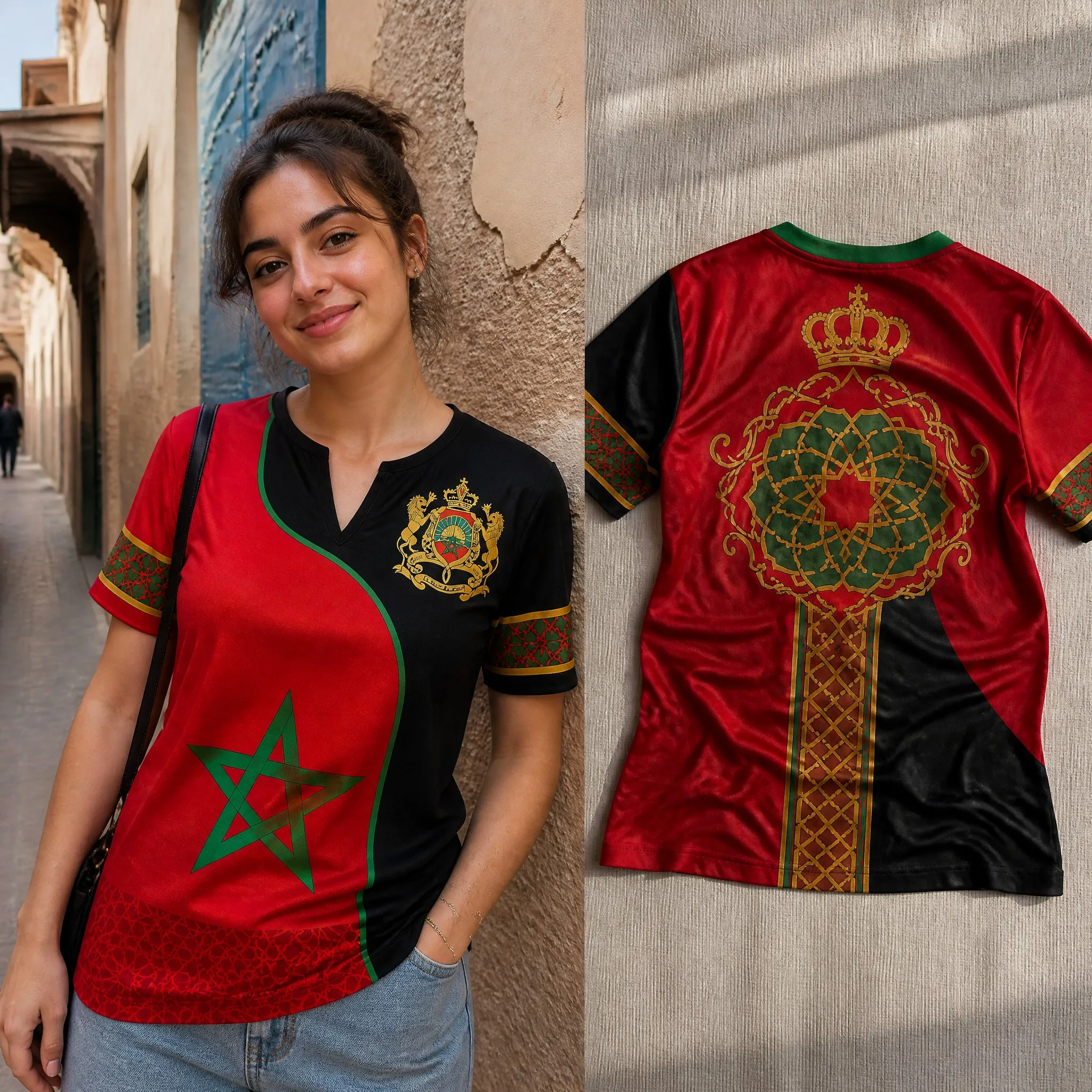 Womens V Neck Short Sleeve Morocco T Shirt Red Crest Panel Graphic Casual Summer Tee Artistic Heritage Travel Style Vacation Top