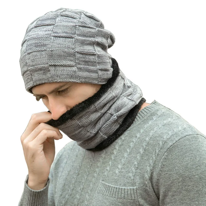 

Men's Winter Brimless Hat Scarf Set Warm Knitted Skull Cap with Plush Lining for Neck Gift for Friends