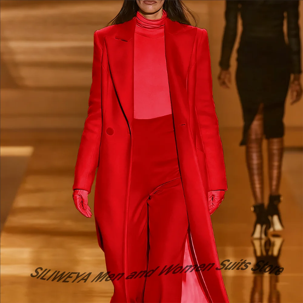 Elegant Woman Burgundy Woolen Overcoat Set Double-Breasted 2-Piece Long Jacket+Pants Chic Streetwear Style Winter Formal Outfit