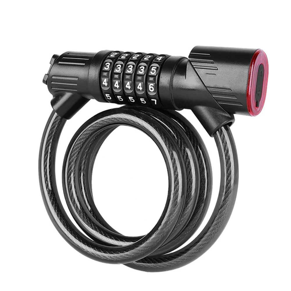 

For Bicycles Steel Cable Lock LED Tail Light 1.2m Steel Cable 5 Digit Code Bike Lock Auto-activates In Darkness